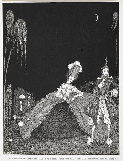 – A herceg azt hitte, hogy több eszét adott neki, mint amennyit magának fenntartott. Illusztráció a történethez: „Riquet with the tint”. alkotó: Harry Clarke
