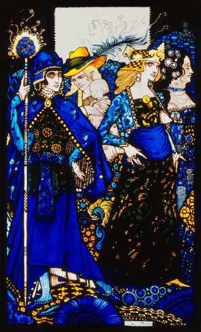 The Queens of Sheba, Meath és Connaught". "Queens", kilenc üvegtábla savanyítva, foltos és festett, J. M. Synge költeményét illusztrálva, 1917 alkotó: Harry Clarke