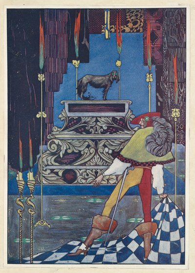 A Tinder Box Ott ült a kutya olyan szemekkel, mint a teáscsészék. alkotó: Harry Clarke