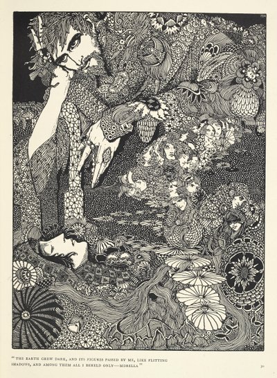 „A föld elsötétült, és alakjai elhaladtak mellettem, mint röpködő árnyékok... Morella.” Illusztráció a „Morella” című történethez. alkotó: Harry Clarke