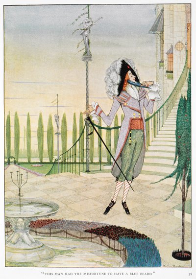 – Ennek az embernek az volt a szerencsétlensége, hogy kékszakálla volt. Kékszakáll a szakállát simogatja. alkotó: Harry Clarke