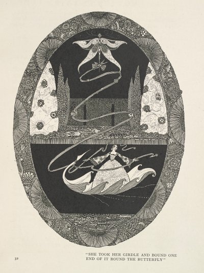 Hüvelykujj Fogta az övét, és egyik végét a pillangó köré kötötte. alkotó: Harry Clarke