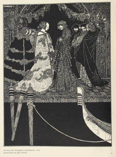 „Ez volt a Marchesa Aphrodité – egész Velence imádata”. Illusztráció a „kiosztás” című történethez. alkotó: Harry Clarke
