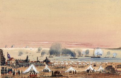 A Kinburnnél (Ukrajna, Oroszország) 1855 októberében végrehajtott partraszállás, a brit hadsereg tábora a parton, a flotta a parton horgonyzott, köztük a HMS Tribune is alkotó: Harry Edmond Edgell