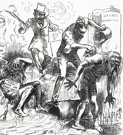 Karikatúra, amely a Temzét és a Lea folyót ábrázolja, amint megtámadják koszos állapotuk miatt alkotó: Harry Furniss