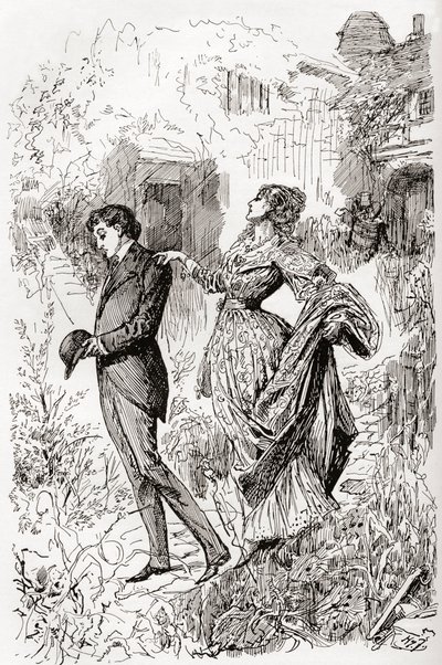 Estella és Pip Miss Havisham kertjében. " alkotó: Harry Furniss