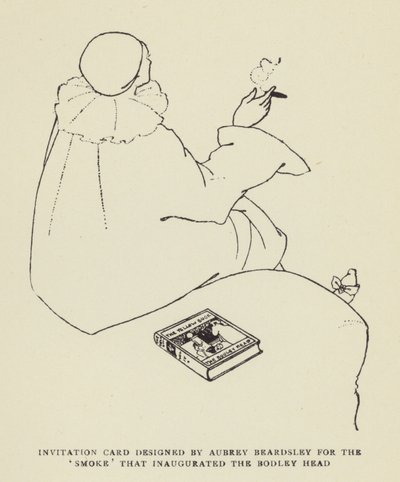 Aubrey Beardsley által tervezett meghívó a Bodley Head-et felavató Smoke-hoz alkotó: Harry Furniss