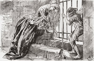 Lady Dedlock és Jo. – Odarakták – mondja Jo, a rácsokhoz kapaszkodva benéz, miközben Lady Dedlock összehúzódik a sarokba. Harry Furniss illusztrációja Charles Dickens Bleak House című regényéhez, a The Testimonial Editionból, 1910-ben. alkotó: Harry Furniss