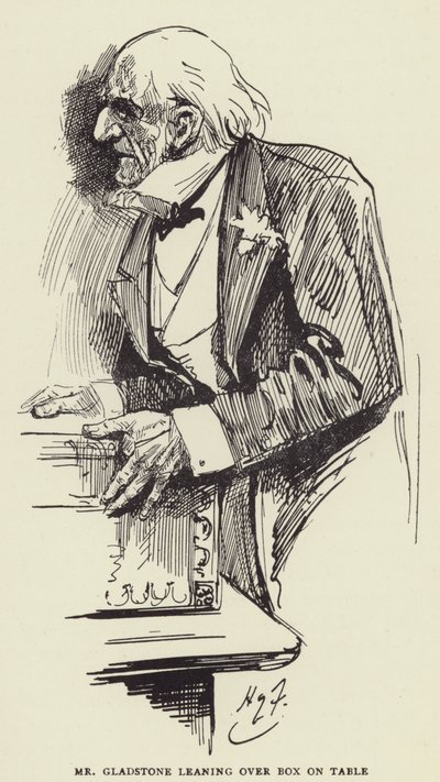 Mr Gladstone az asztalon lévő doboz fölé hajolva alkotó: Harry Furniss