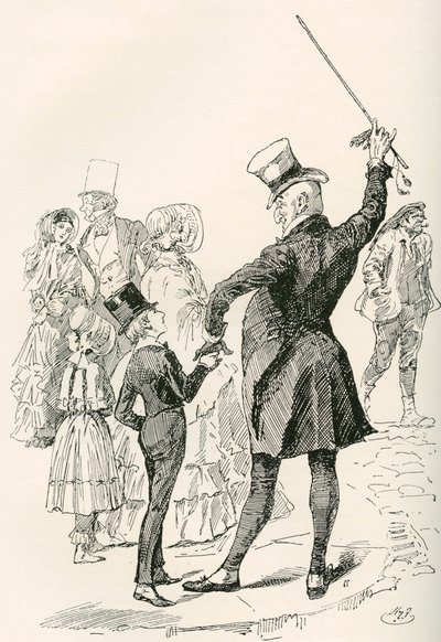 Mr. Micawber hazaviszi Davidet. "Együtt sétáltunk a házunkhoz, Micawber úr az utcák neveit és a sarokházak formáit nyűgözte le rám, ahogy haladtunk." Harry Furniss illusztrációja Charles Dickens David Copperfield-regényéhez alkotó: Harry Furniss