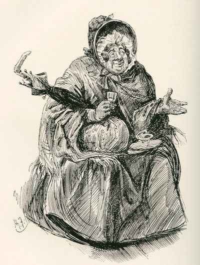 Mrs. Gamp. Harry Furniss illusztrációja Charles Dickens Martin Chuzzlewit című regényéhez, a The Testimonial Editionból, 1910-ben. alkotó: Harry Furniss