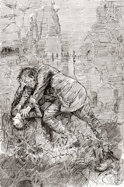 Pip küzdelme a szökött elítélttel. " alkotó: Harry Furniss
