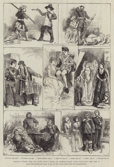 Tableaux Vivants Sir Walter Scott regényeiből, a Cromwell House-ban, South Kensington alkotó: Harry Furniss