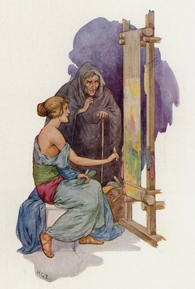 Arachne, akit egy álruhás Minerva pókká akar változtatni (színes litográfia) alkotó: Harry George Theaker