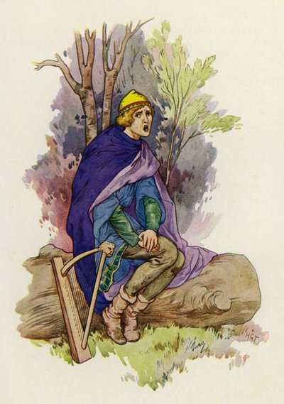 Ahogy ült, az ifjú egy gyászos dalocskát dúdolt (színes litográfia). alkotó: Harry George Theaker