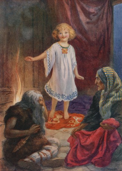 Aslaug, Aki és Grima, a "Ragnar Lodbrog"-ból (színes litográfia) alkotó: Harry George Theaker