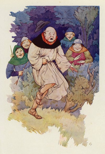 Amikor a nyílhegy először érintette a köpenyét, az apát felugrott a levegőbe, és felsikoltott (színes litográfia). alkotó: Harry George Theaker