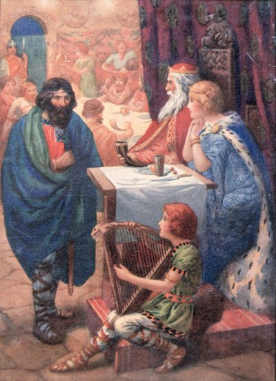 Bankettjelenet, a Raphael Tuck által kiadott "Gyermekmesék az északi legendákból" című kötetből (színes litográfia). alkotó: Harry George Theaker