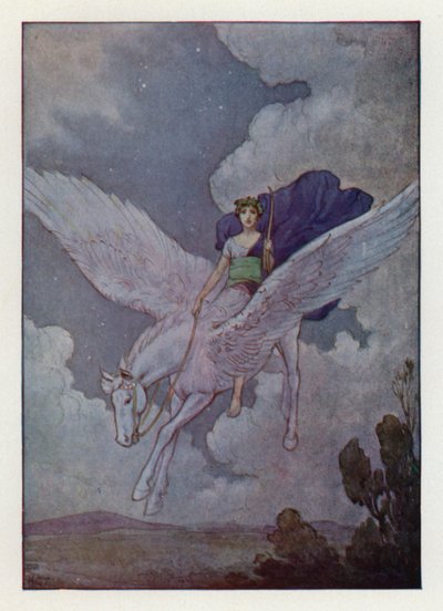 Bellerophon és ezüstszárnyú lova (színes litográfia) alkotó: Harry George Theaker