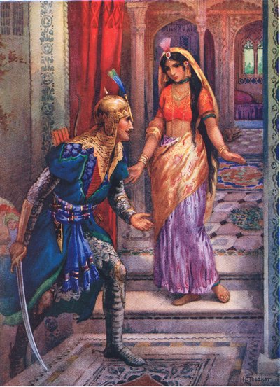 Rámát megpillantva előre sietett. Ráma és Szítá kalandjaiból, illusztráció a "Childrens Stories from Indian Legends" című kötetből, 1930-as évek (színes litográfia). alkotó: Harry George Theaker