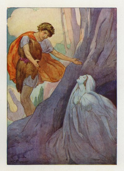 Örömében felkiáltott, Orfeusz megpróbálta a karjaiba kapni (színes litográfia). alkotó: Harry George Theaker