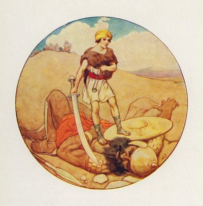 Dávid megragadta az óriás saját kardját, és levágta Góliát fejét (színes litográfia). alkotó: Harry George Theaker