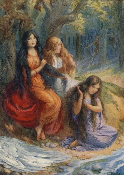 Hladgrun, Olrun és Alvit, a "Wayland, a kovács" című filmből (színes litográfia) alkotó: Harry George Theaker