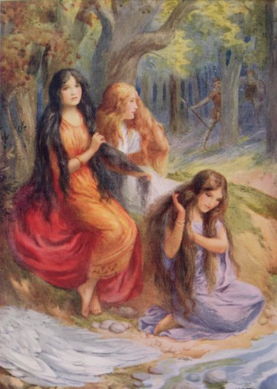 Hladgrun, Olrun és Alvit, illusztráció a "The Wayland Smith" című könyvből, amelyet Raphael Tuck "Northern Legends" című könyvében illusztrált (színes litográfia). alkotó: Harry George Theaker