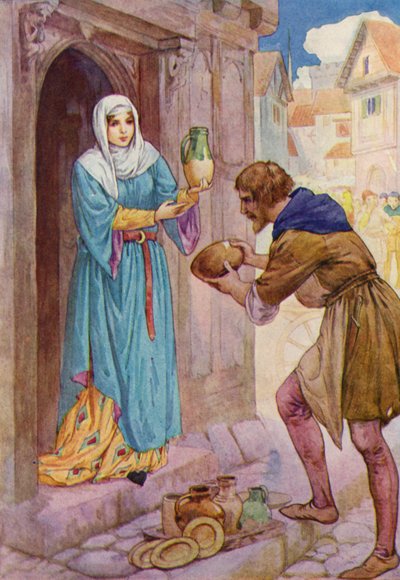"Ezeket a szegény edényeket ajándékba hozom de Rainault úrnőnek" - mondta Robin a szolgálónak (színes litográfia). alkotó: Harry George Theaker