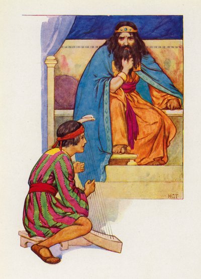 Saul király azt mondja Dávidnak, hogy hárfázzon (színes litográfia). alkotó: Harry George Theaker