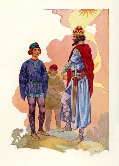 Merlin a király elé vezetve (színes litográfia) alkotó: Harry George Theaker
