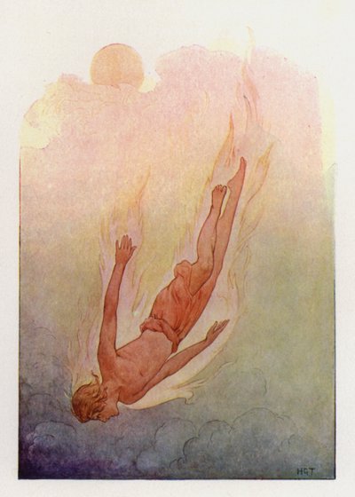 Phaeton lángoló hajjal egy mély, hűvös folyóba zuhan (színes litográfia) alkotó: Harry George Theaker