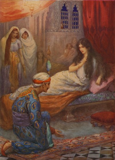Feroze-Shah herceg felébreszti a gyönyörű hercegnőt (színes litográfia) alkotó: Harry George Theaker