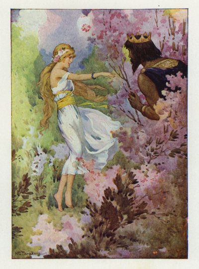 Proserpine táncol a liliomok között, egy nagy király nézi (színes litográfia) alkotó: Harry George Theaker