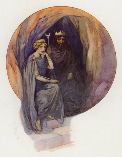 Proserpine hosszú fekete ruhába öltözve ül egy nagy fekete trónon, mellette a vad fekete király (színes litográfia). alkotó: Harry George Theaker