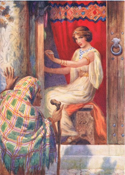 "Frigga királynő és a Beldame" a "Baldur a Belobed"-ből, illusztrálva a Raphael Tuck által kiadott "Children