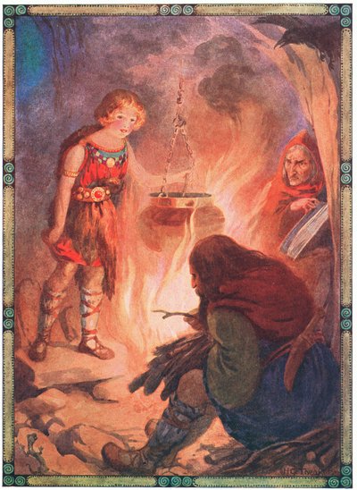 "Mindent úgy talált, ahogyan lennie kell" (Taliesinből) (színes litográfia) alkotó: Harry George Theaker