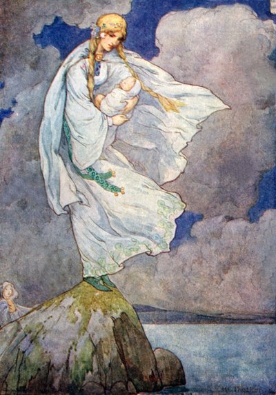 Egy nagy szürke sziklára vitte a gyereket (színes litho). alkotó: Harry George Theaker