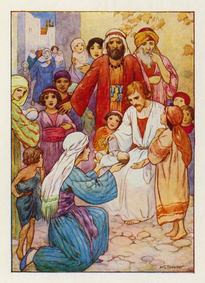 "Engedjétek hozzám jönni a kisgyermekeket" (színes litográfia) alkotó: Harry George Theaker