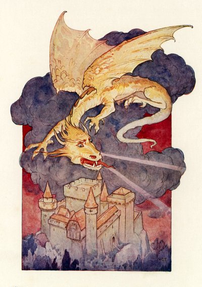 "A sárkány kitárta szárnyait, és a vár fölött lógott" (színes lithó) alkotó: Harry George Theaker