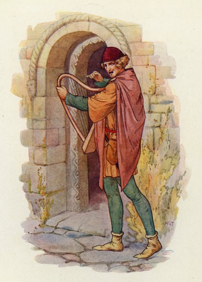Robin Hood híre az összes közép-alföldi megyében elterjedt, még Londonban is, és a tetteiről szóló balladákat kezdték énekelni (színes litográfia). alkotó: Harry George Theaker