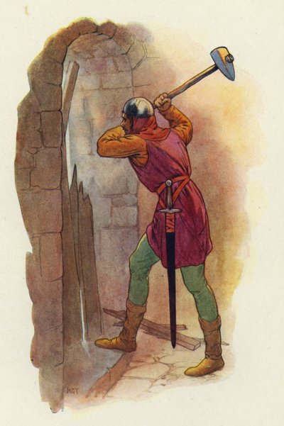 A kalapács újra lendült, és egy második csapással kitörte őket (színes litográfia). alkotó: Harry George Theaker