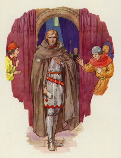 A pálmás hátravetette a csuklyáját, és köntösét kinyitva teljes páncélzatban mutatkozott (színes litográfia). alkotó: Harry George Theaker