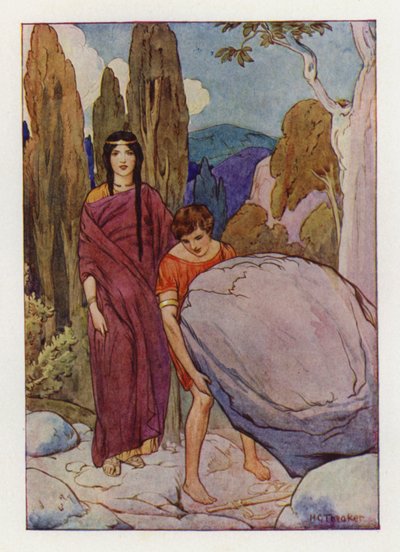 Thészeusz felemeli a nagy sziklát, amely alatt a kard és a szandál feküdt (színes litográfia). alkotó: Harry George Theaker