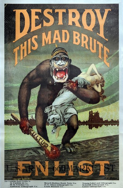 Az első világháborús amerikai katonai toborzási kampány "Pussold el ezt az őrült brutát – sorozd be" kocsma. 1917 alkotó: Harry R. Hopps