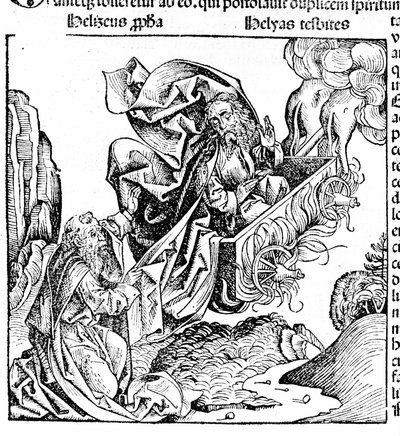 Illés tüzes szekéren kel fel, birtokát Elisére hagyja. Hartmann Schedel: Nürnbergi krónika. Nürnberg 1497 alkotó: Hartmann Schedel