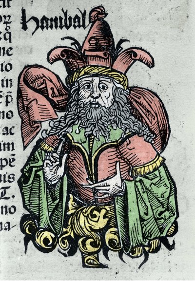 Hannibál vagy Annibal Barca (i. e. 247 - ie 183), karthágói tábornok és államférfi portréja. A „Nürnbergi krónikák” xilográfiája, Hartmann Schedel alkotó: Hartmann Schedel