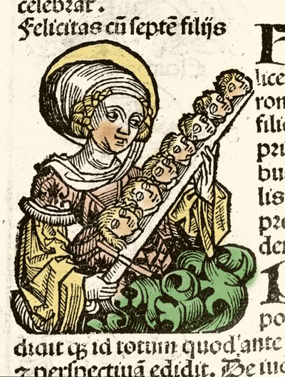 Szent Felicite, vértanúság ábrázolása Rómában hét gyermeke fejével. Hartmann Schedel xilográfiája „” Nürnbergi krónikák””” 1493. alkotó: Hartmann Schedel