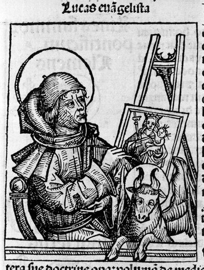 Szent Lukács evangélista ábrázolása. Hartmann Schedel „Liber chronicarum” (nürnbergi krónikák) metszete, 1493 alkotó: Hartmann Schedel