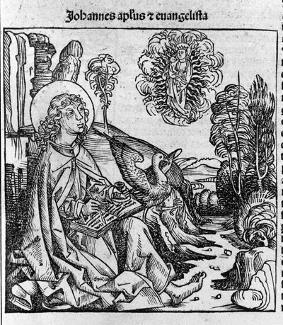 Szent János evangélista ábrázolása. Hartmann Schedel „Liber chronicarum” (nürnbergi krónikák) metszete, 1493 alkotó: Hartmann Schedel